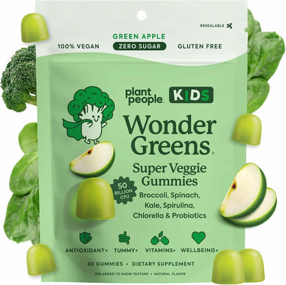 WonderGreens Kids Super Veggie Gummies - Sugar-Free Greens Gummies with Probiotics - Green Apple Flavour - 30 Count