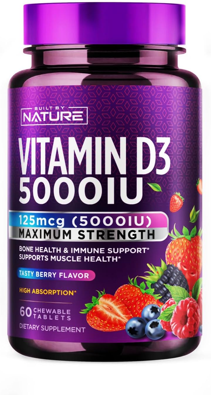 Built by Nature Chewable Vitamin D3 5000 IU, 60 Tablets - Sugar Free, Natural Berry Flavour - görsel 1
