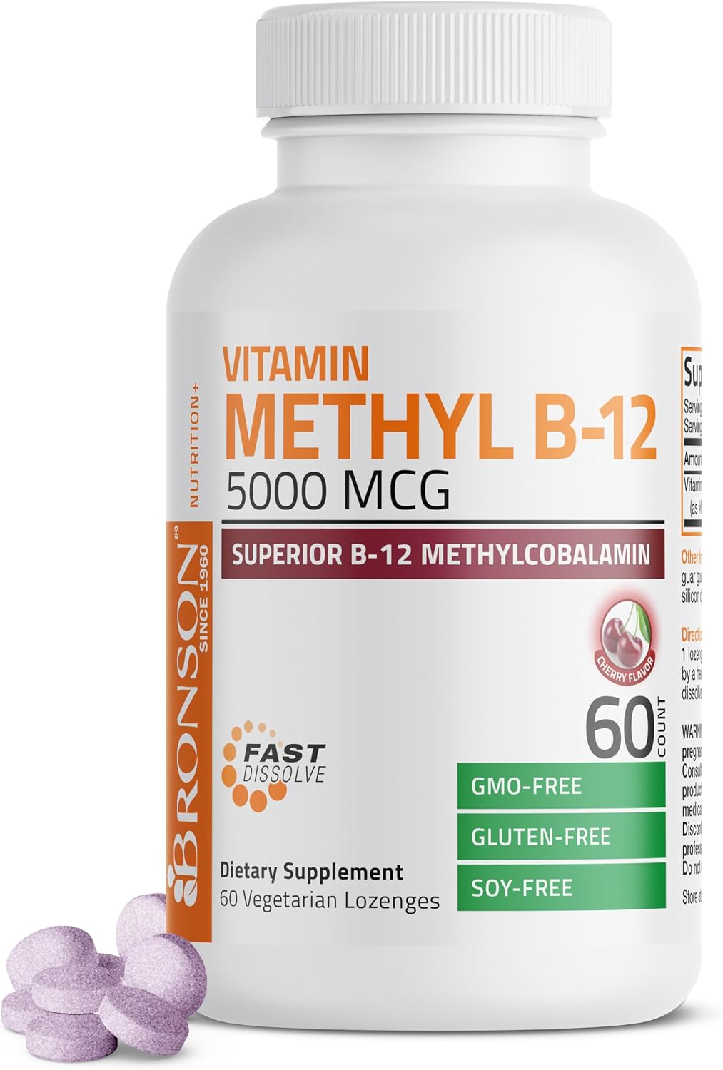 Bronson Methyl B12 5000 mcg Vitamin B12 Methylcobalamin Energy & Brain Support 60 Lozenges - görsel 1