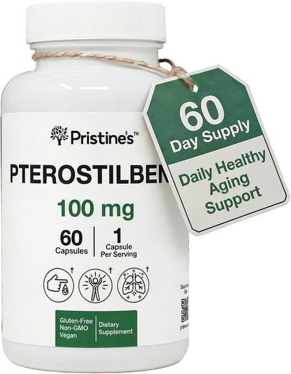 PRISTINE'S Pterostilbene 100mg Anti Ageing Supplement Capsules - 60 Day Supply