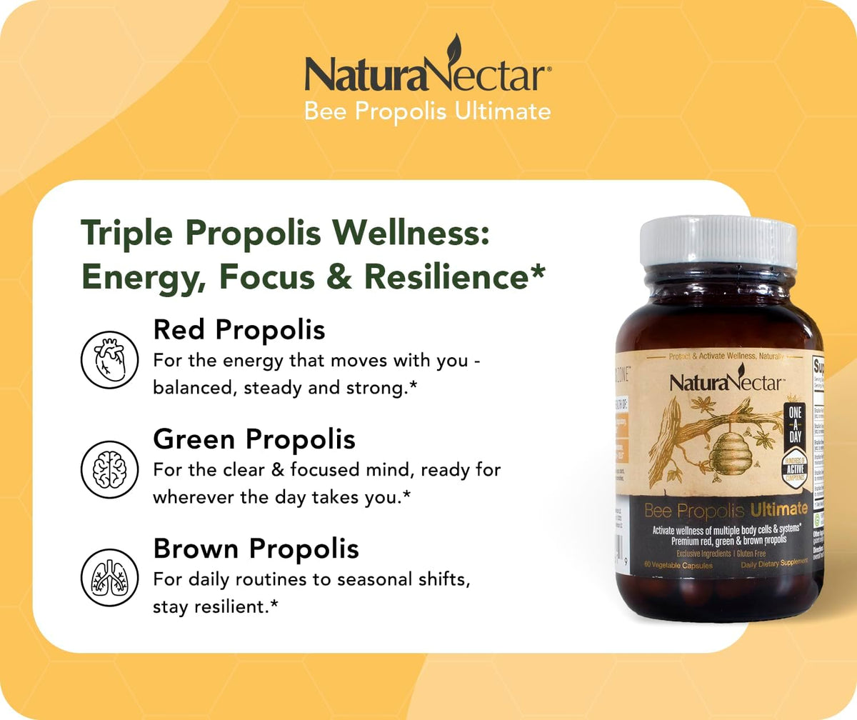 NaturaNectar Ultimate Bee Propolis Capsules – NSF Contents Certified – Brazilian Red, Brown & Green – Gluten-Free Supplement with Flavonoids (60 Capsules) - görsel 5