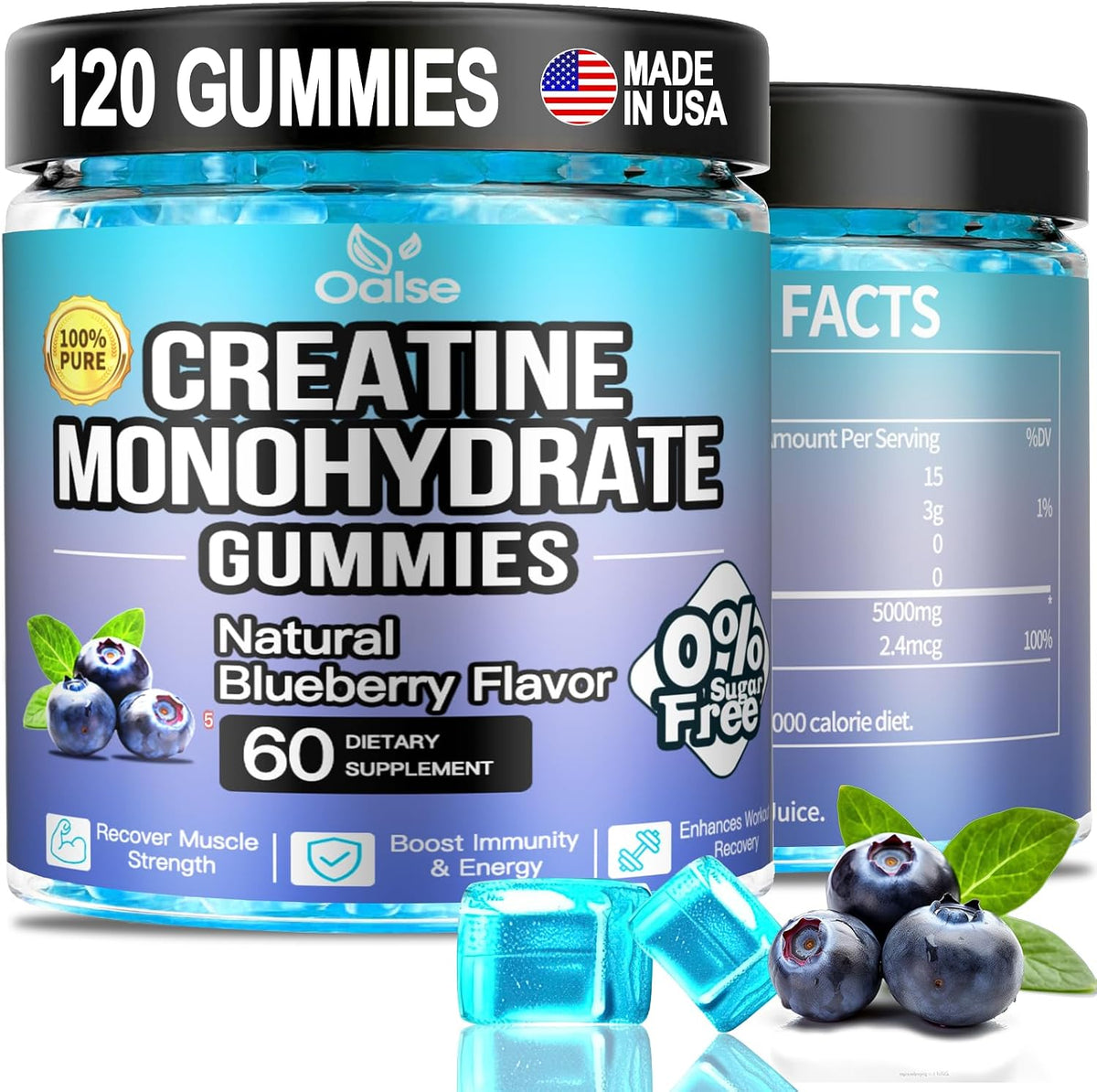 OALSE Creatine Monohydrate Gummies 5000mg with Vitamin B12 - Sugar Free, Vegan (Blueberry, 120 Count) - görsel 1