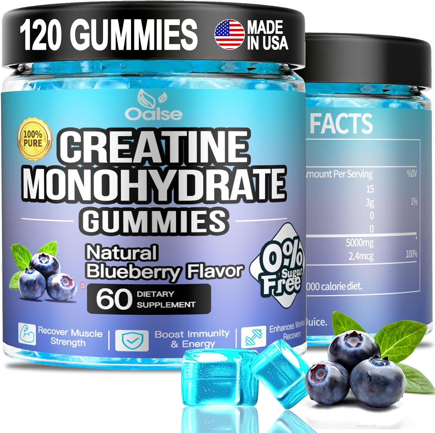 OALSE Creatine Monohydrate Gummies 5000mg with Vitamin B12 - Sugar Free, Vegan (Blueberry, 120 Count) - görsel 1