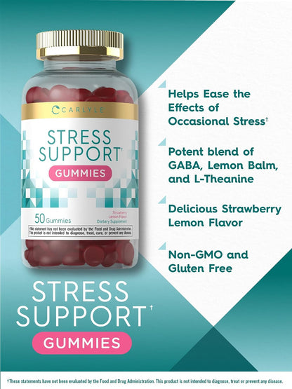 Carlyle Stress Support Supplement Gummies - 50 Count - with GABA and L-Theanine - Strawberry Lemon Flavour - Non-GMO & Gluten-free