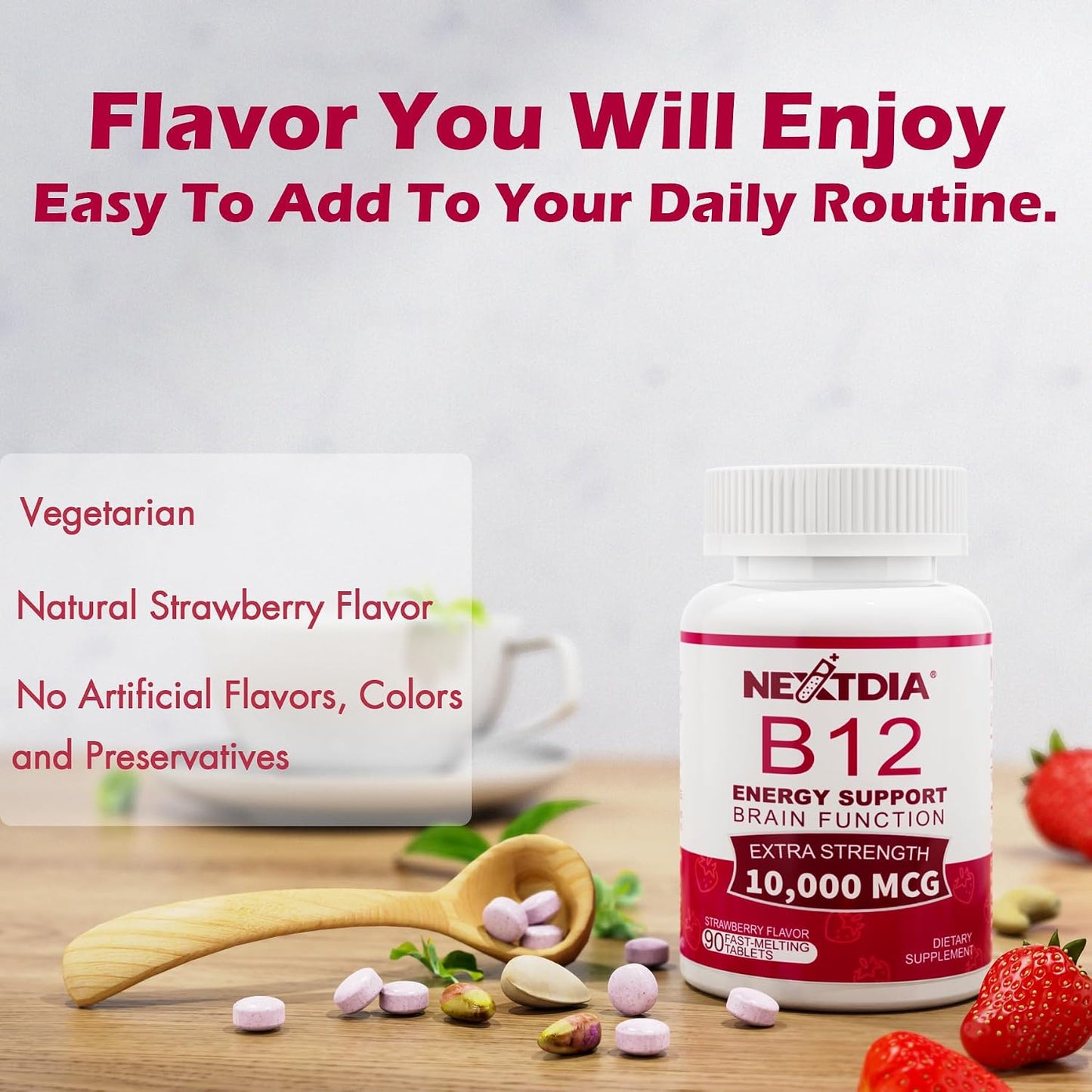 Vitamin B12, Methylcobalamin 10000 mcg, Active B12 Vitamins, Vegan, Natural Strawberry, Zero Sugar, 90 Fast Dissolve Tablets - görsel 4