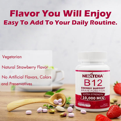 Vitamin B12, Methylcobalamin 10000 mcg, Active B12 Vitamins, Vegan, Natural Strawberry, Zero Sugar, 90 Fast Dissolve Tablets