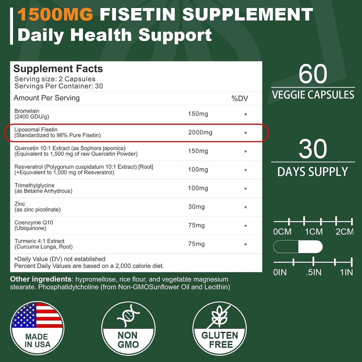 Liposomal Fisetin Supplement – 2000mg | 98% Pure | with Quercetin, TMG & Resveratrol | 180 Capsules - görsel 2