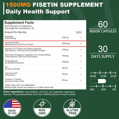 Liposomal Fisetin Supplement – 2000mg | 98% Pure | with Quercetin, TMG & Resveratrol | 180 Capsules