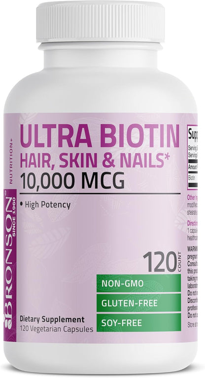 Bronson Ultra Biotin 10,000 mcg - Hair, Skin, and Nails Supplement, Non-GMO, 120 Vegetarian Capsules