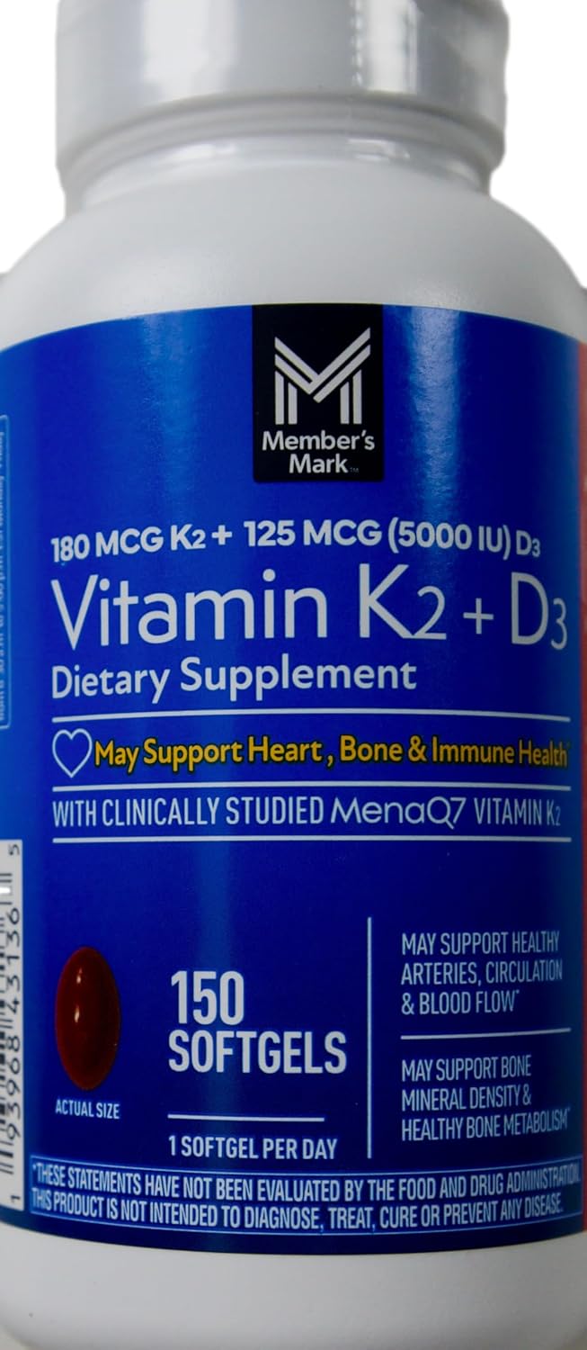 Member's Mark Vitamin K2 180 mcg + D3 125 mcg, 150 Soft gel capsules - görsel 1