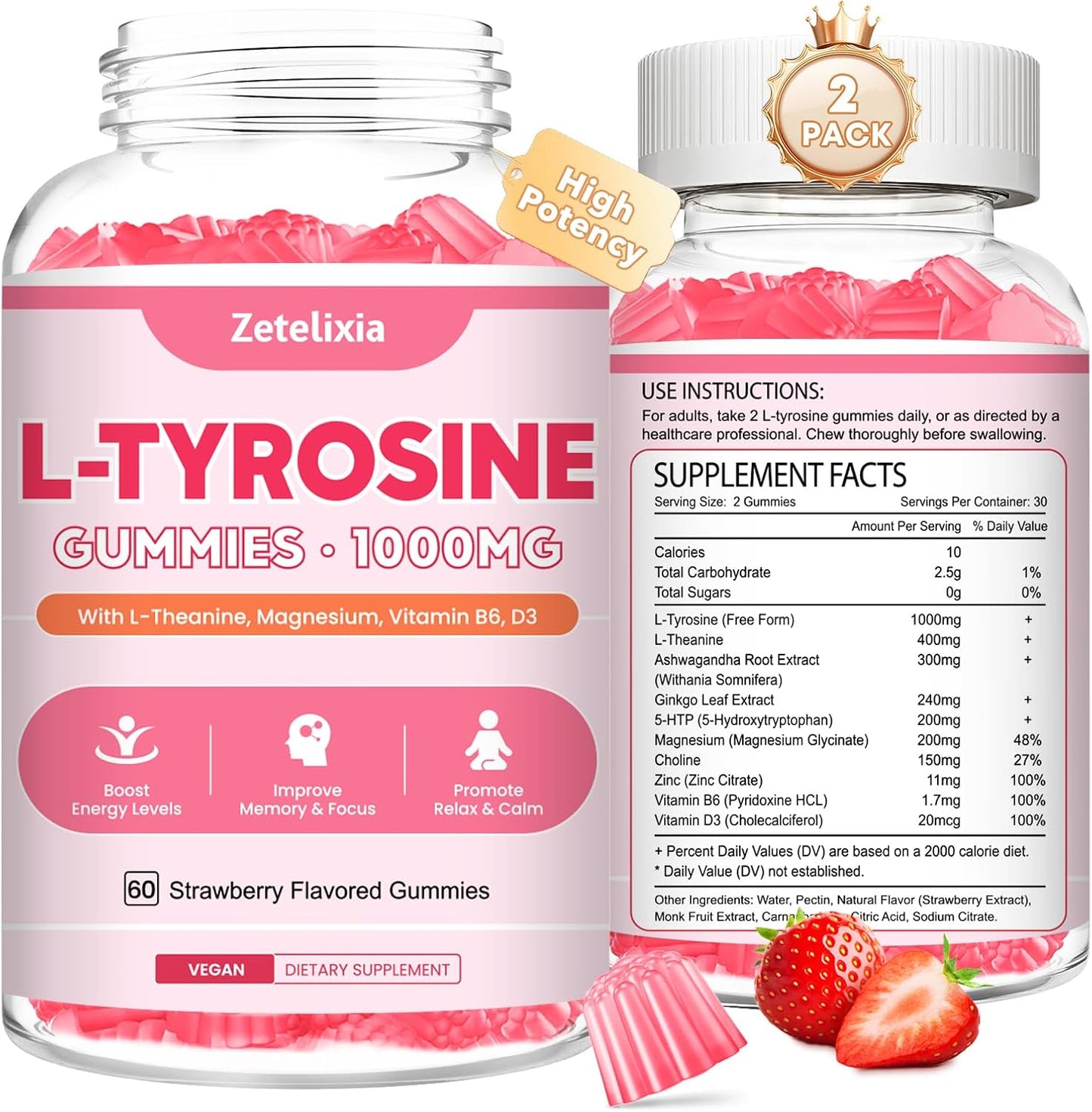 Zetelixia L-Tyrosine Gummies 2-Pack - 10-in-1 Food Supplement with L-Theanine, B6, D3, Ashwagandha - Strawberry Flavour (120 Count) - görsel 1