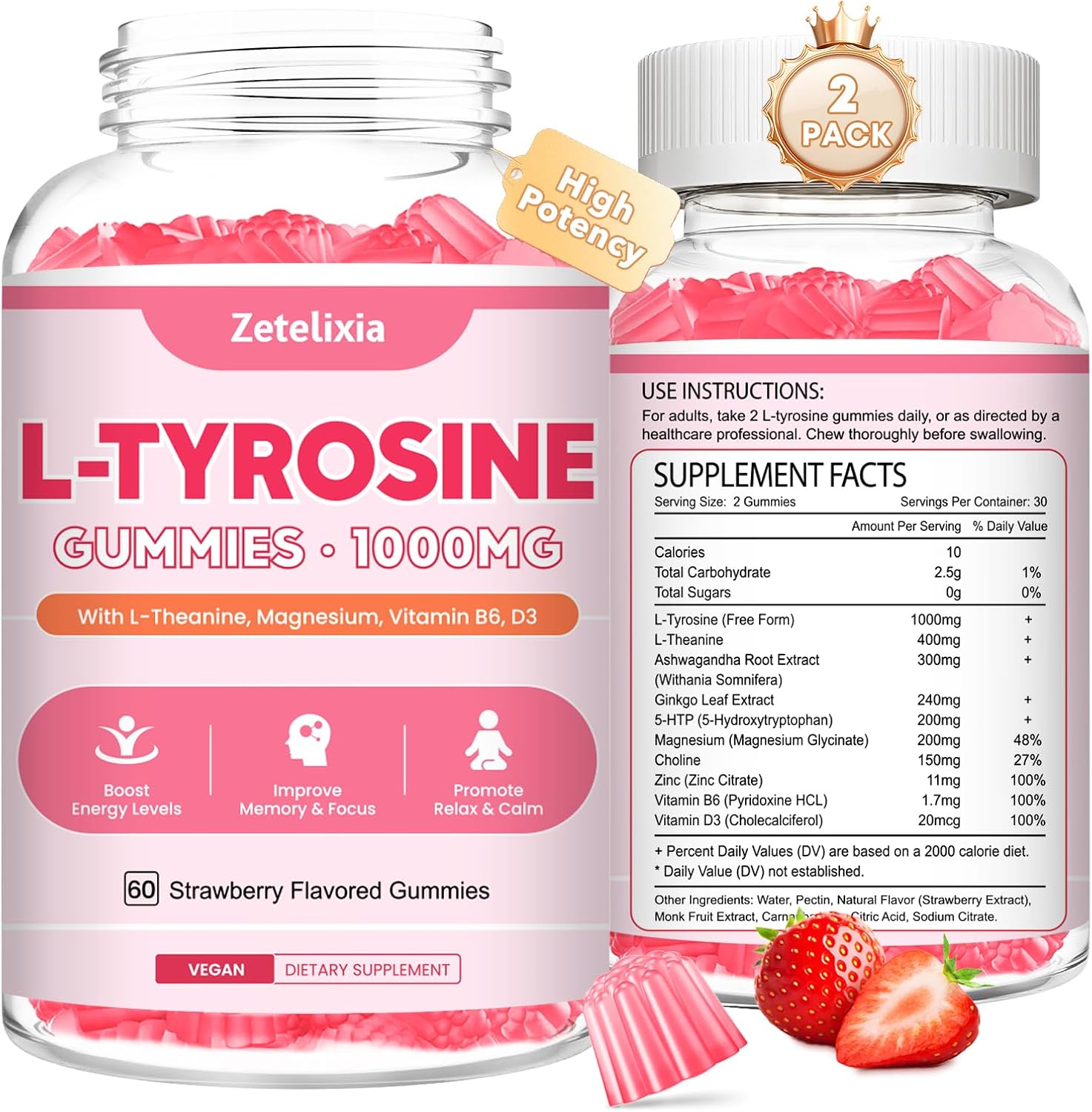 Zetelixia L-Tyrosine Gummies 2-Pack - 10-in-1 Food Supplement with L-Theanine, B6, D3, Ashwagandha - Strawberry Flavour (120 Count) - görsel 1