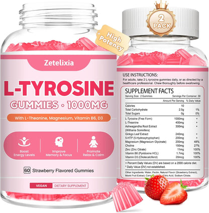 Zetelixia L-Tyrosine Gummies 2-Pack - 10-in-1 Food Supplement with L-Theanine, B6, D3, Ashwagandha - Strawberry Flavour (120 Count)