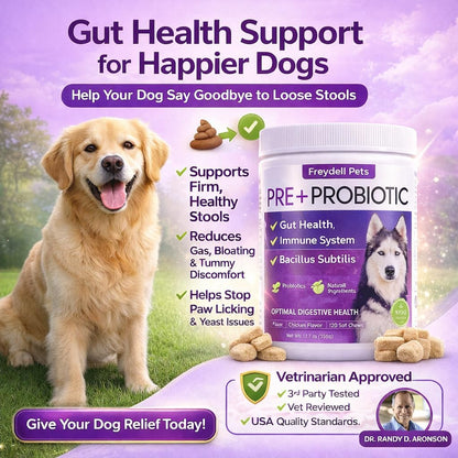 Freydell Pets Probiotics for Dogs – Digestive Enzymes, Prebiotics & Fibre Soft Chews – 120 Chews
