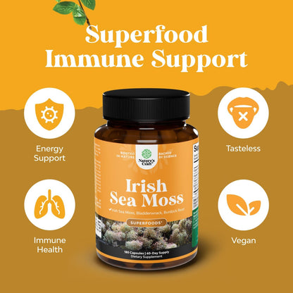 Natures Craft Irish Sea Moss Capsules - 2100mg Superfood Complex with Bladderwrack, Burdock Root and BioPerine for Immune, Thyroid and Digestive Support - Vegan, Non-GMO - 180 Count