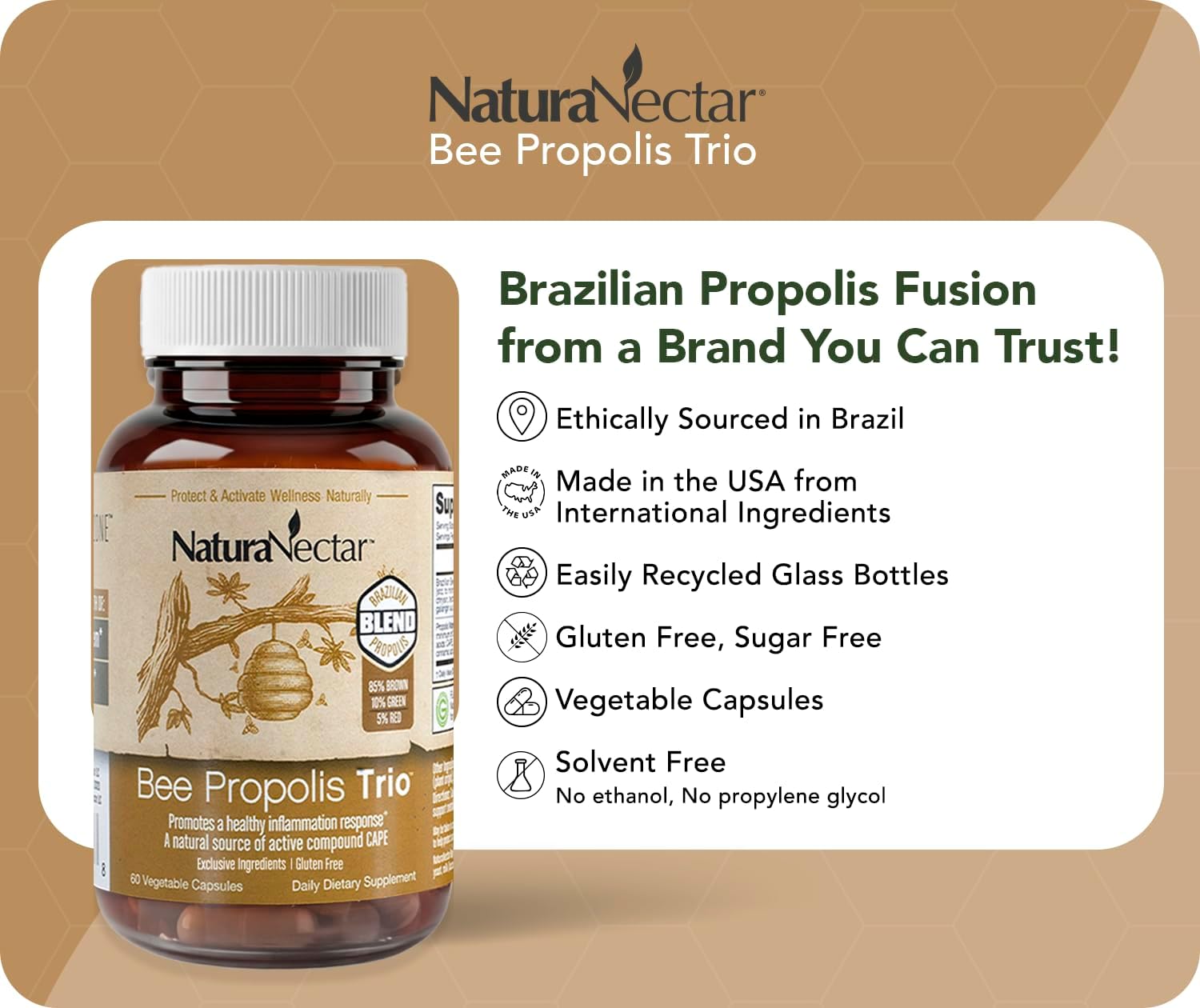 NaturaNectar Bee Propolis Trio Capsules - NSF Certified, Gluten Free, 60 Capsules - görsel 3