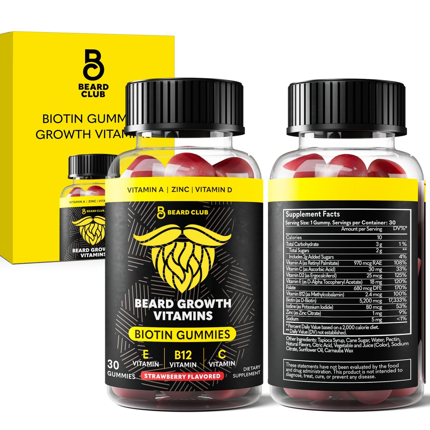The Beard Club Biotin Beard Growth Vitamin Gummies – Hair Supplement for Men – Vitamins B12, E, & C to Support Thicker Fuller-Looking Facial Hair – Strawberry Flavour Gummy - görsel 1