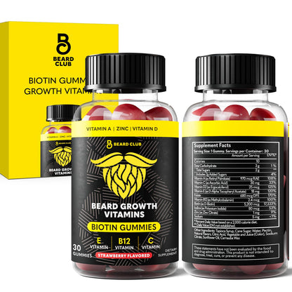 The Beard Club Biotin Beard Growth Vitamin Gummies – Hair Supplement for Men – Vitamins B12, E, & C to Support Thicker Fuller-Looking Facial Hair – Strawberry Flavour Gummy