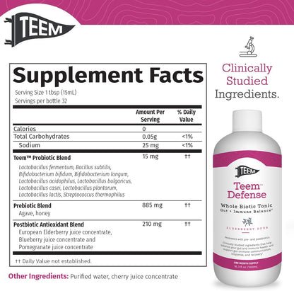 Teem Defence Liquid Probiotic with Elderberry - Whole Biotic Tonic for Digestion & Immunity, 482 ml