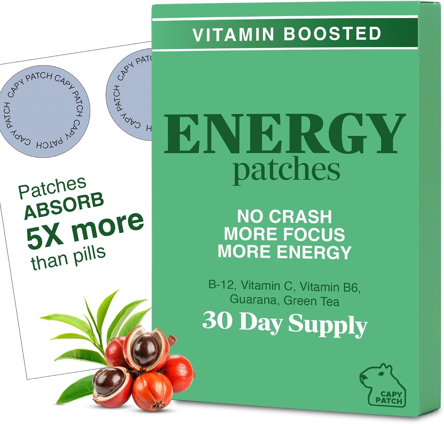B12 Vitamin Energy Patches with Caffeine, Green Tea Extract & Guarana (30 Patches) – 12-Hour Plant-Based Energy Boost | with Vitamins B6 & B3 - görsel 1