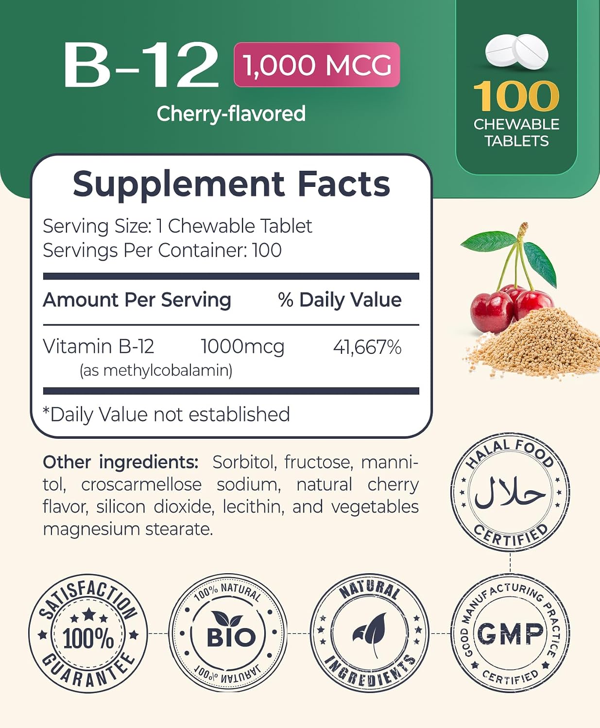 logos nutritionals Chewable Vitamin B12 1000 mcg - Methylcobalamin Supplement for Energy, Cognitive Function, Hair, Skin & Nails - Cherry Flavour - 100 Tablets - görsel 2