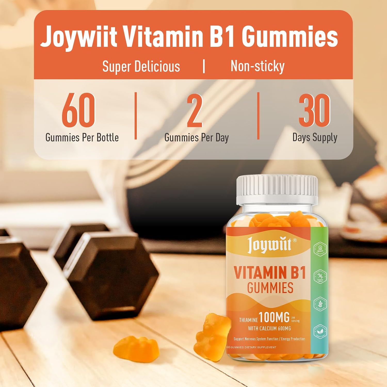 Joywiit Vitamin B1 Gummies 100mg with Calcium - Thiamine Supplement - görsel 7