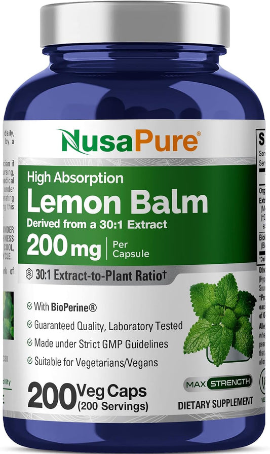 NusaPure Lemon Balm Capsules, 200 mg, 200 Vegetarian Capsules (Non-GM, Vegan)