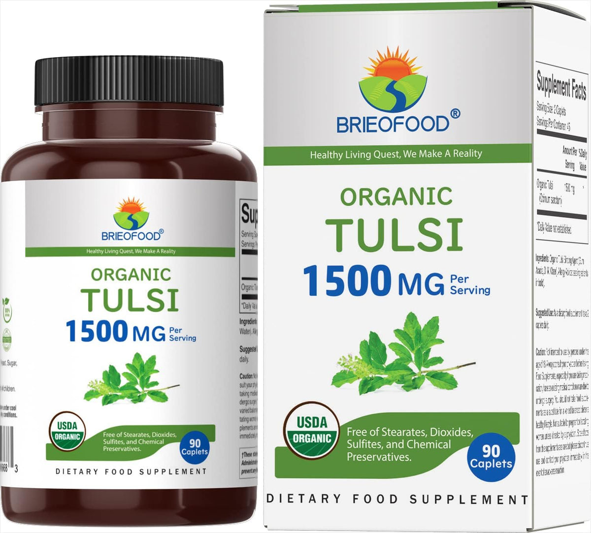 Brieofood Organic Tulsi (Holy Basil) 1500mg, 90 Vegetarian Tablets - görsel 1