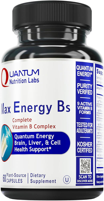 Quantum Nutrition Labs Max Energy Bs - Methylated Vitamin B Complex with B1, B6, B12, Folate, Biotin - 60 Vegetarian Capsules