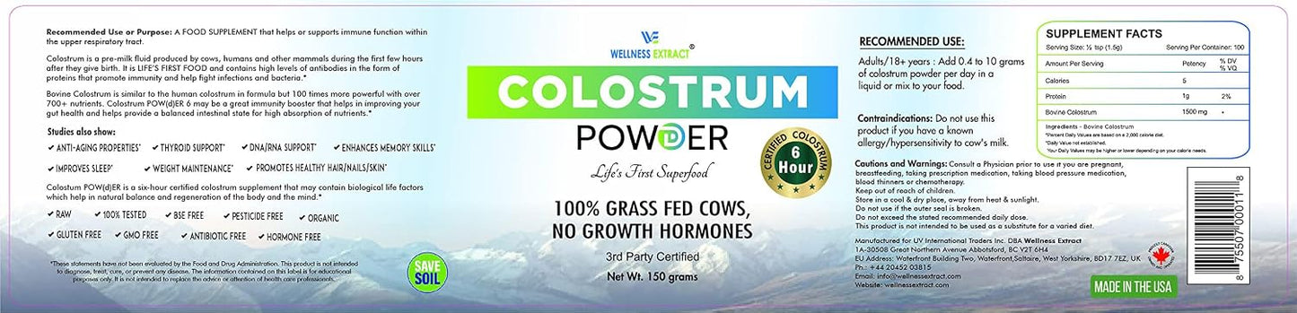WELLNESS EXTRACT Bovine Colostrum Powder with Lactoferrin, Grass-Fed Organic Colostrum Supplement for Gut Health, Immune Support & Muscle Recovery, Rich in IgG & IgA, Unflavoured, 5.3oz - görsel 3