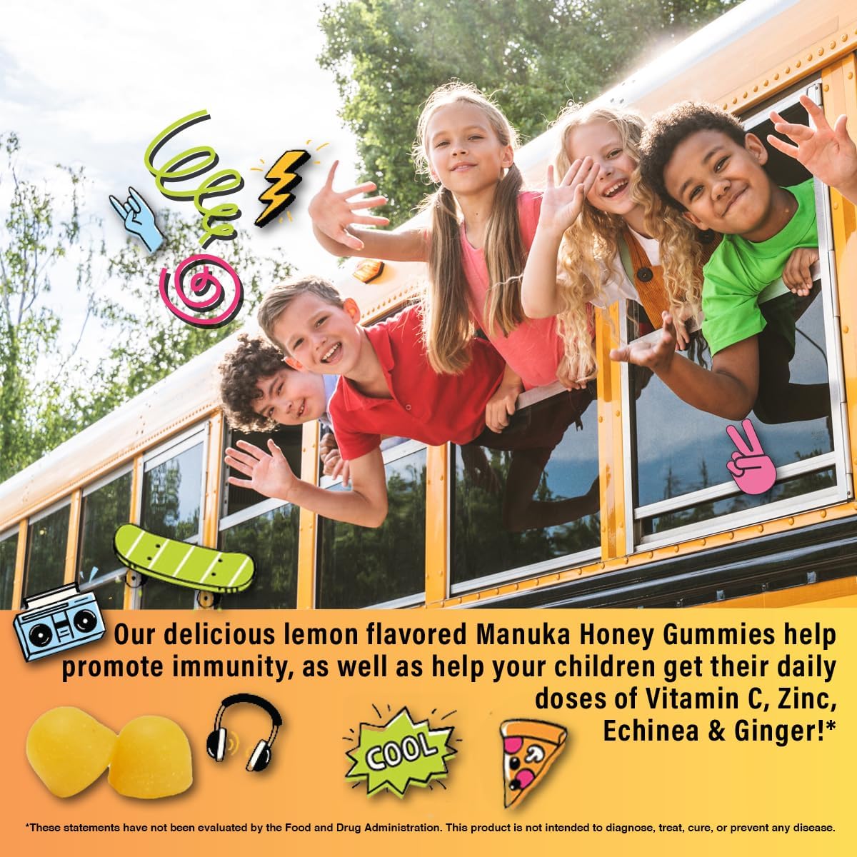 5-in-1 Kid's Immune Support Gummy - Manuka Honey, Vitamin C, Zinc, Echinacea, Ginger - Natural Citrus Flavoured - 60 Gummies - görsel 2