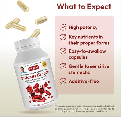 ANDREW LESSMAN Vitamin B12 500 - Absorption-Protected Methylcobalamin, 180 Capsules