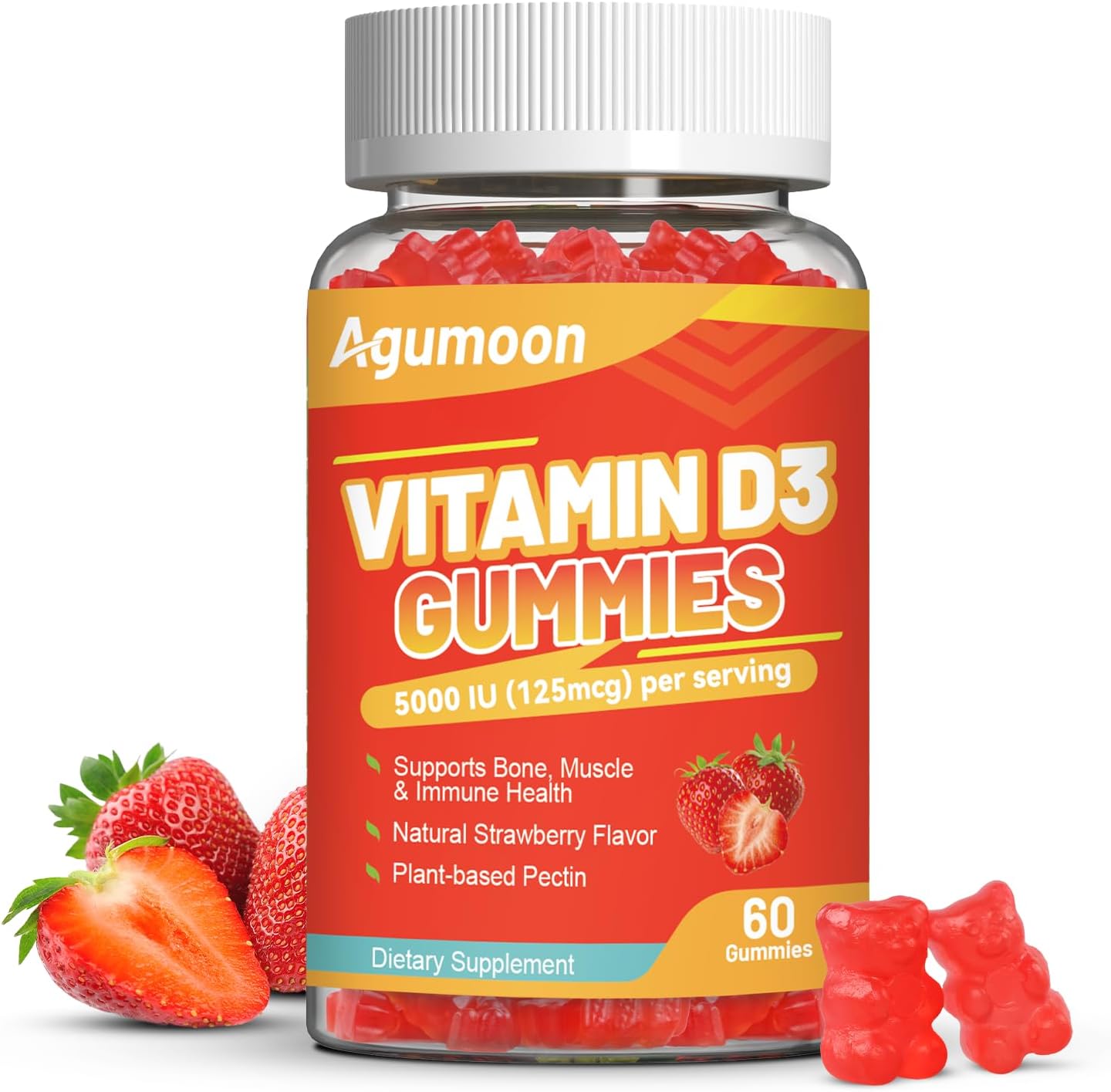 Agumoon Vitamin D3 5000 IU Gummies - Immune, Bone & Muscle Support - Non-GMO, Gluten-free, Dairy-Free - Strawberry Flavour - 60 Gummies - görsel 1