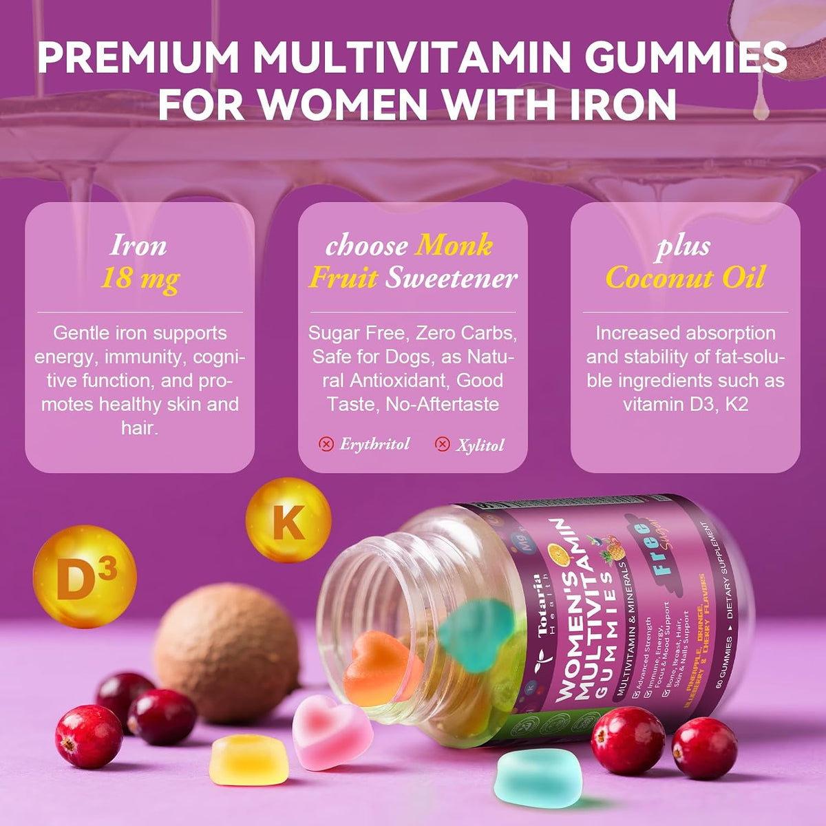 Totaria Sugar Free Women's Multivitamin Gummies with Iron, Mixed Flavours - görsel 6