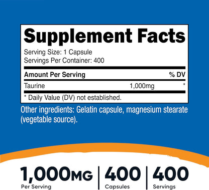 Nutricost Taurine 1000 mg, 400 Capsules