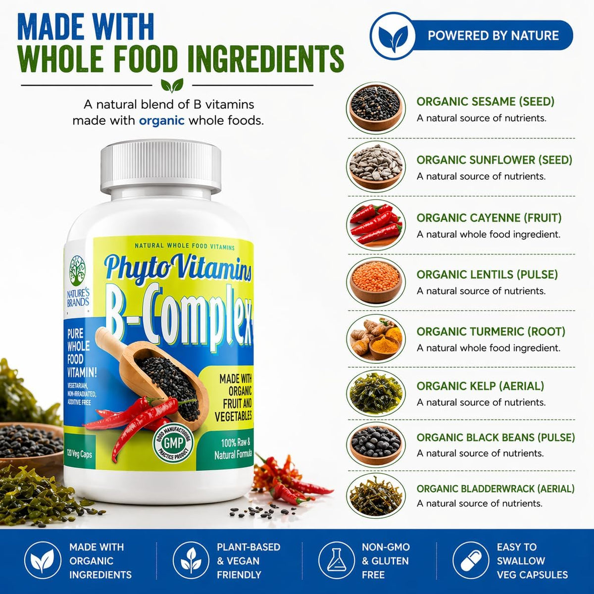 Nature's Brands Organic Whole Food Vitamin B Complex - 120 Vegetarian Capsules - görsel 4