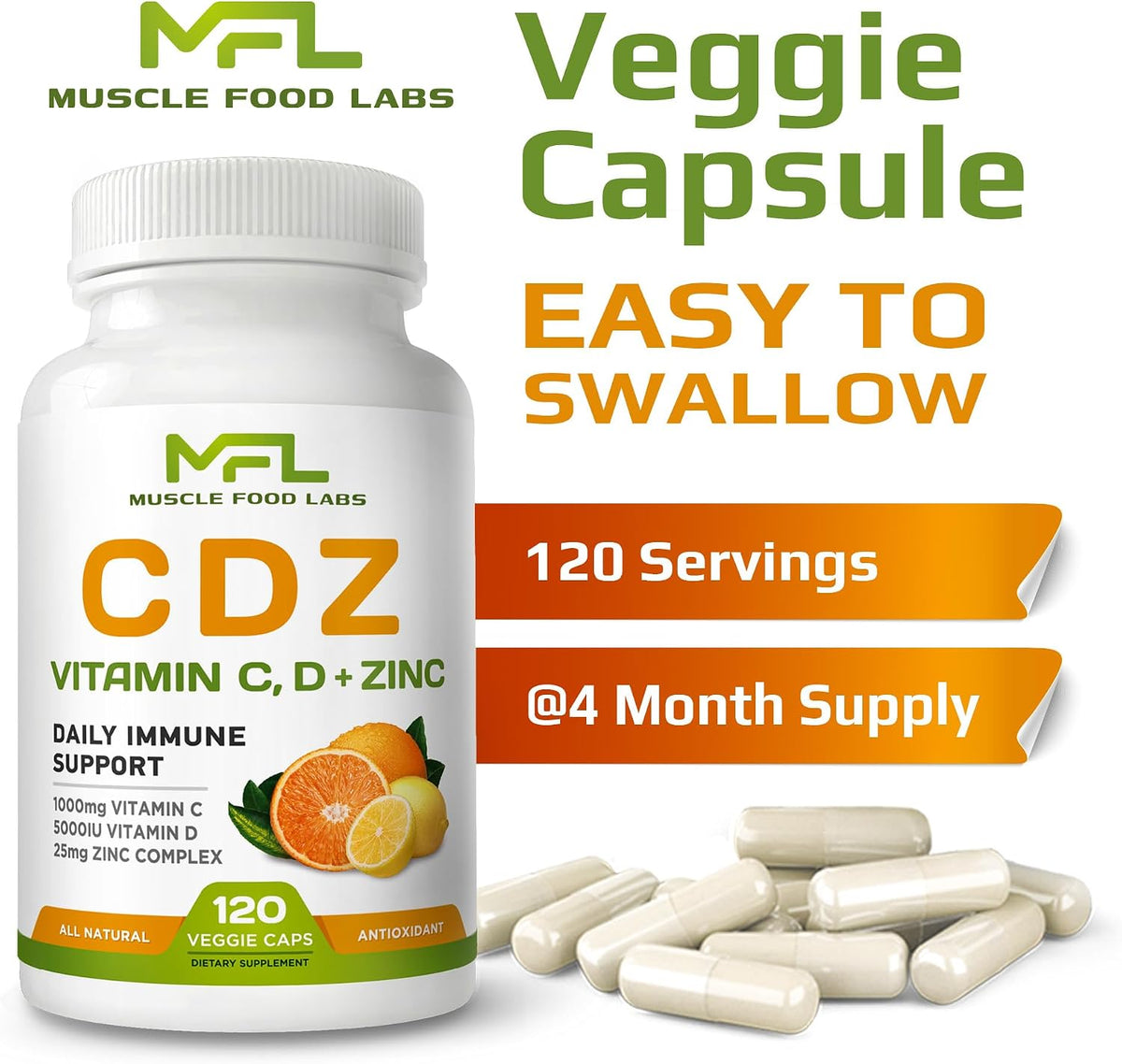 C D Z - Vitamin C 1000mg, Vitamin D3 125mcg (5000 IU), Zinc 25mg - 120 Vegetarian Capsules - görsel 7