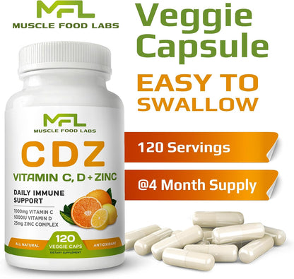 C D Z - Vitamin C 1000mg, Vitamin D3 125mcg (5000 IU), Zinc 25mg - 120 Vegetarian Capsules