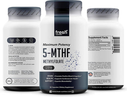 Fresh Nutrition L-Methylfolate 7.5 mg – 5-MTHF Methyl Folate – 90 Capsules