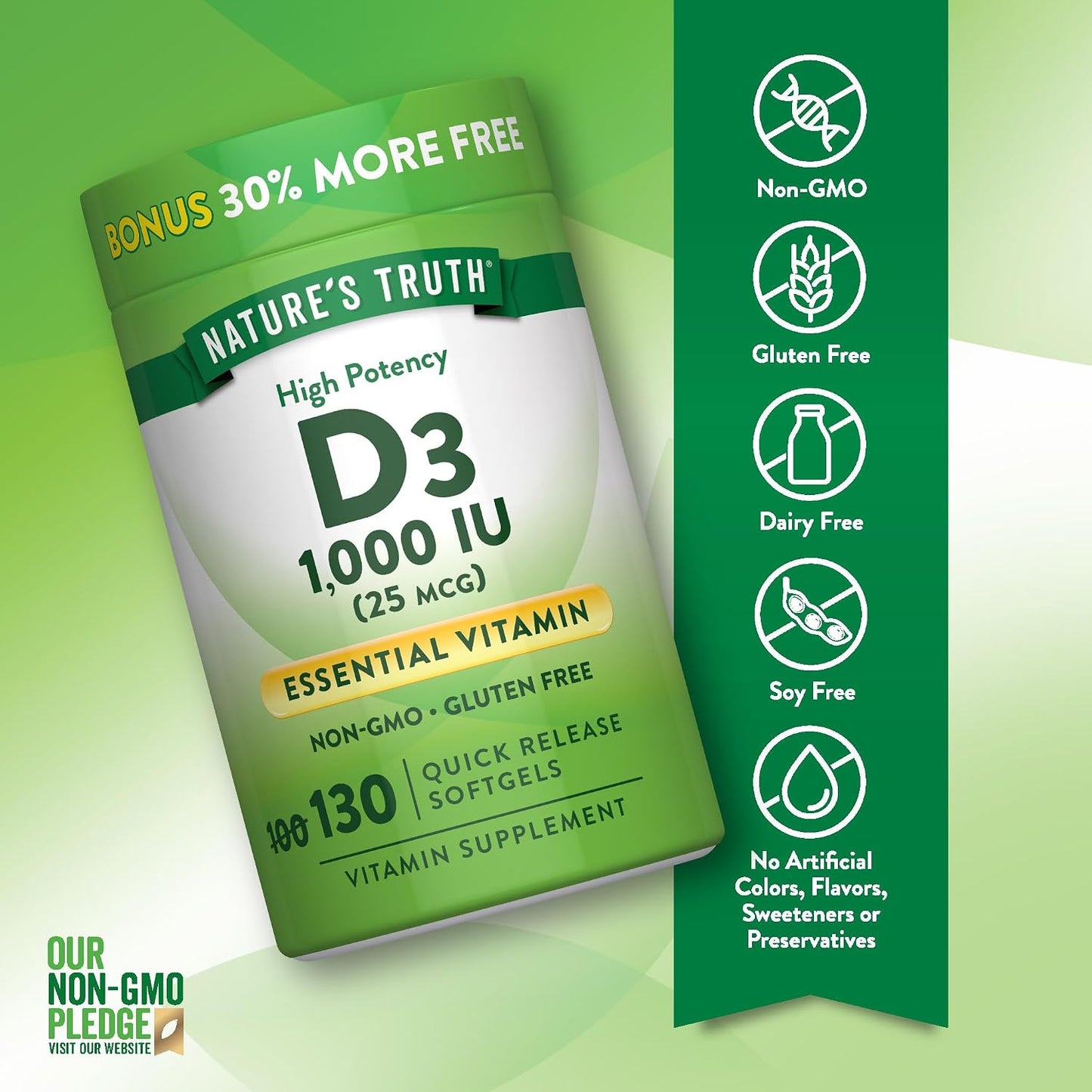 Nature's Truth Vitamin D3 1000 IU (25 µg) Soft Capsules – 130 Quick Release - görsel 3