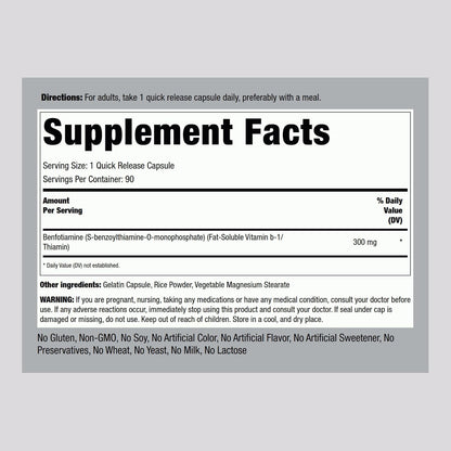 Piping Rock Benfotiamine 300 mg | 90 Capsules | Fat-Soluble Vitamin B1
