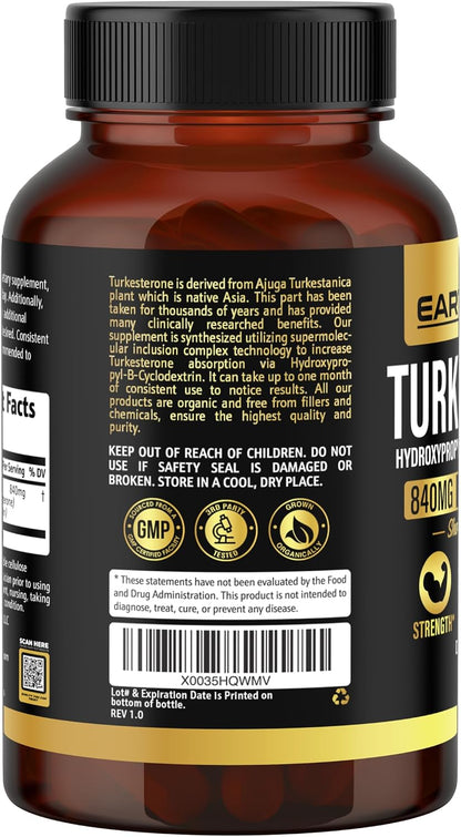 Turkesterone 840 mg – Natural Testosterone Support – 100% Pure Ajuga turkestanica Extract – Made in the USA & Third-Party Tested for Strength, Energy & Vitality