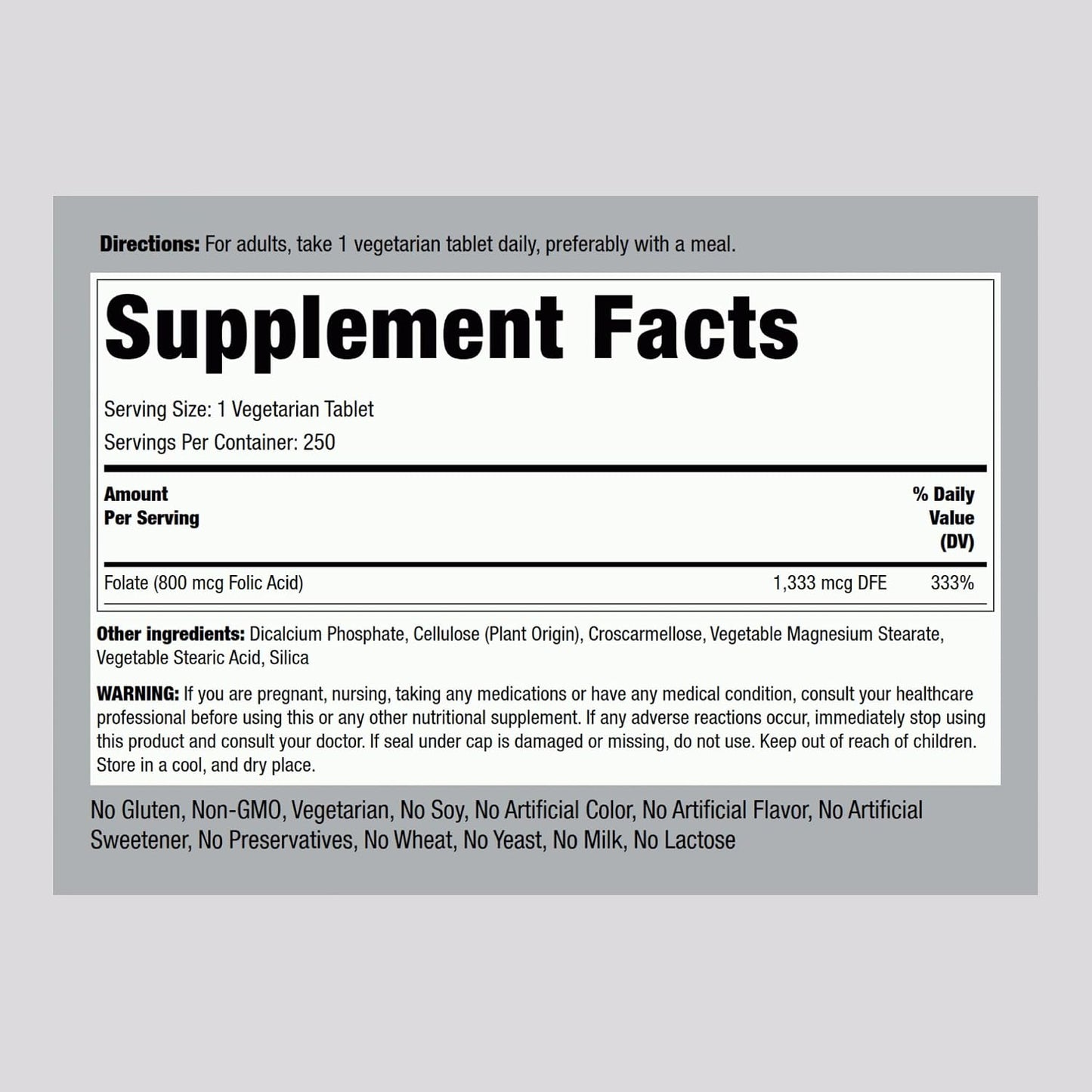 Piping Rock Folic Acid Supplement for Women and Men, 800 mcg, 250 Tablets, Maximum Strength Folate, Vegetarian, Non-GM, Gluten-free - görsel 2