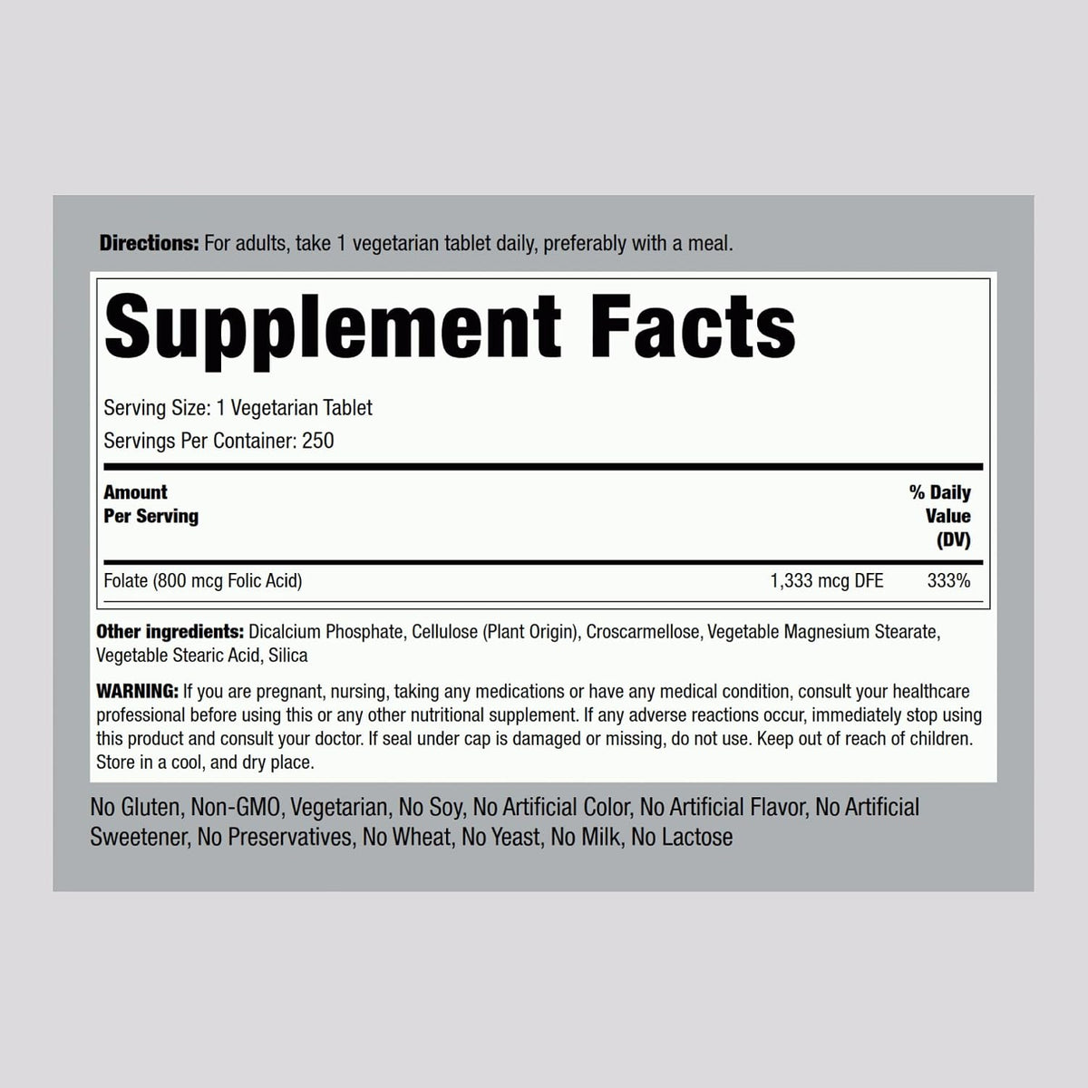 Piping Rock Folic Acid Supplement for Women and Men, 800 mcg, 250 Tablets, Maximum Strength Folate, Vegetarian, Non-GM, Gluten-free - görsel 2