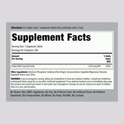 Piping Rock Folic Acid Supplement for Women and Men, 800 mcg, 250 Tablets, Maximum Strength Folate, Vegetarian, Non-GM, Gluten-free