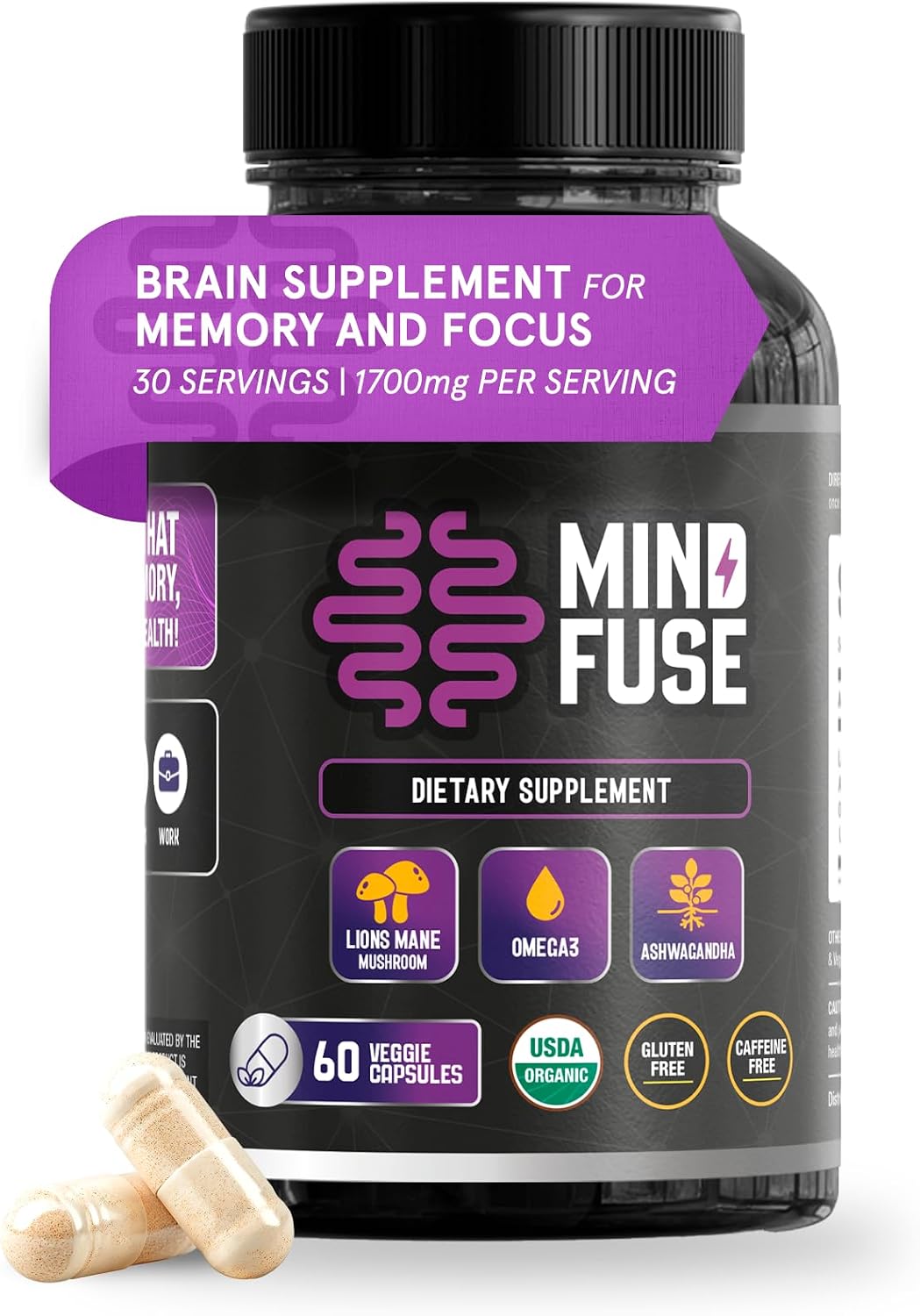 Nootropic Memory Booster Supplement for Adults - Lion's Mane Capsules with Omega-3, Ashwagandha and L-Theanine for Focus and Memory - Gluten-Free 60 Capsules - görsel 1