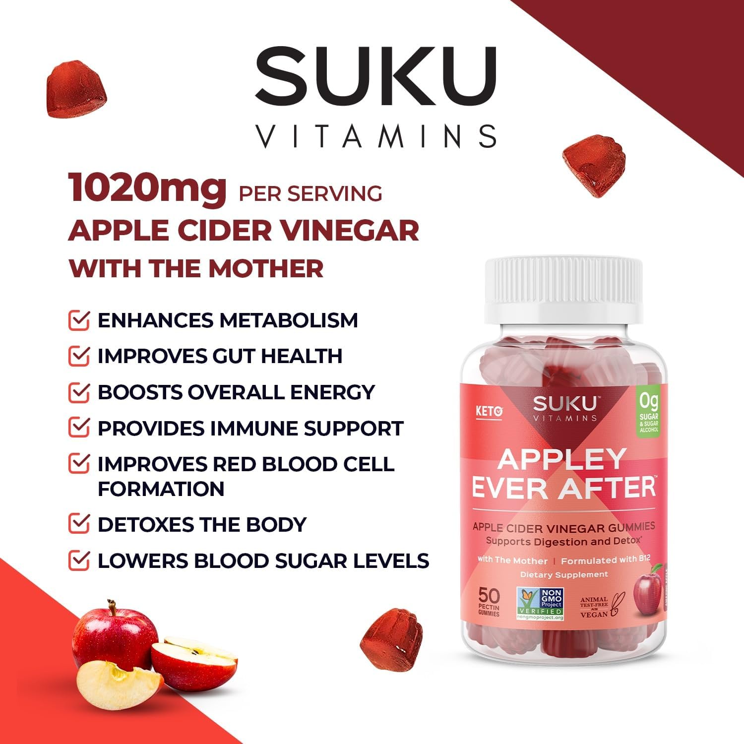 SUKU Appley Ever After Gummies – Apple Cider Vinegar with Methylated B12 & Folate – Sugar-Free, Vegan, Gluten-Free – 50 Gummies - görsel 7