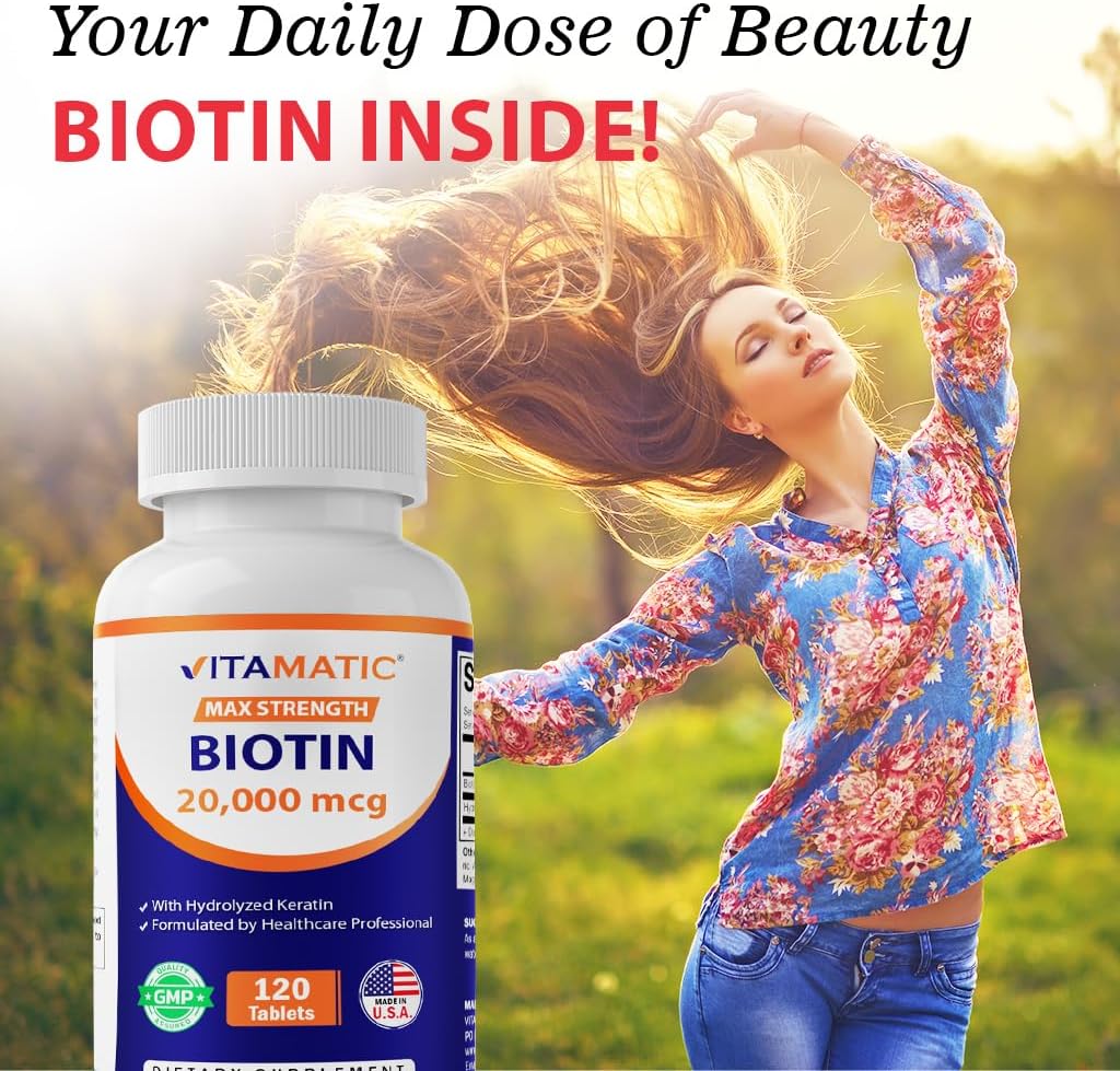 Vitamatic High Potency Biotin 20000 mcg (20 mg) with Keratin 100 mg – 120 Tablets (Pack of 2) - görsel 4
