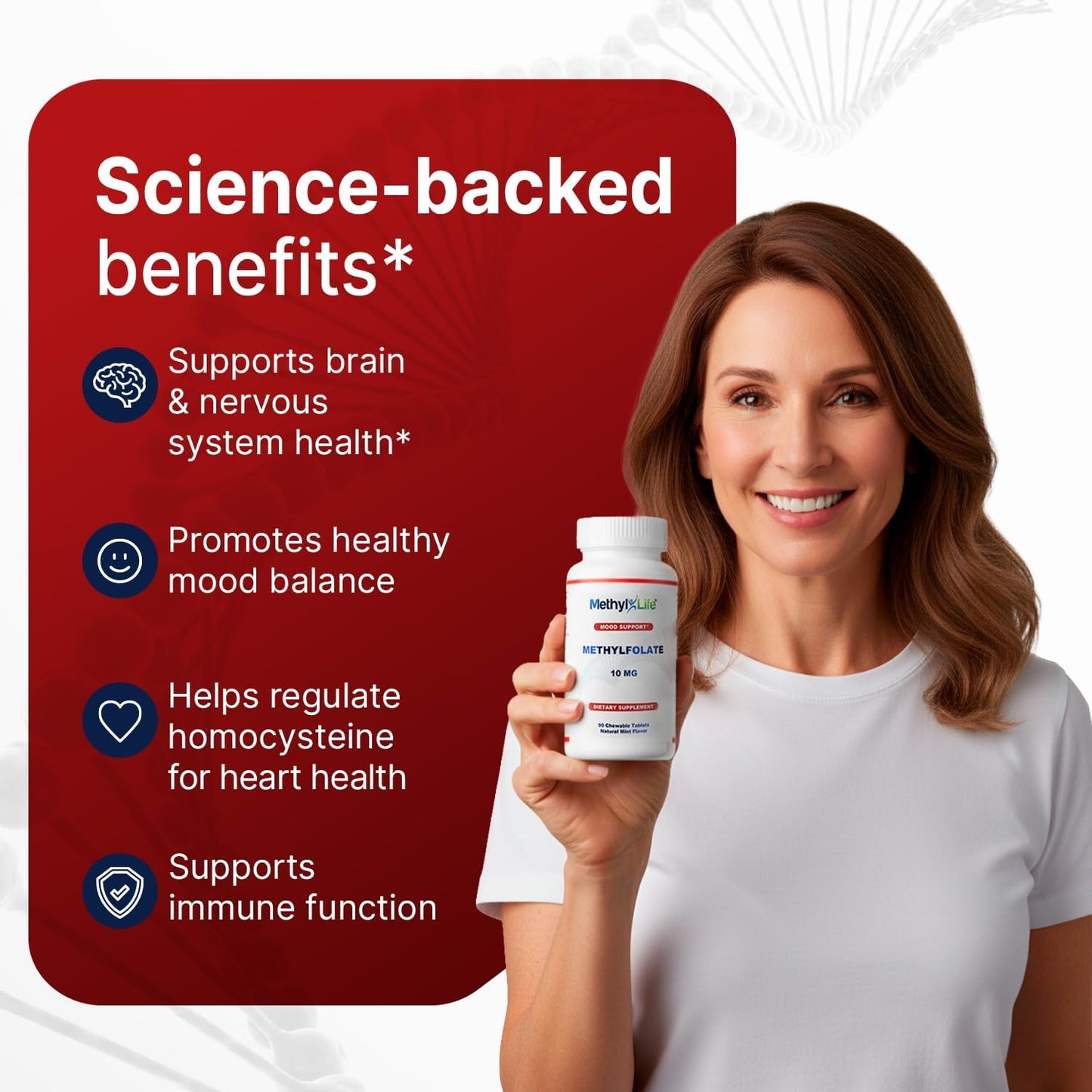 Methyl-Life® L-Methylfolate 10 mg - Chewable Active Folate Tablets with Cerebrofolate® (L-5-MTHF, Calcium) | Vegan, Non-GMO, Gluten-Free | 90 Chewable Tablets - görsel 4