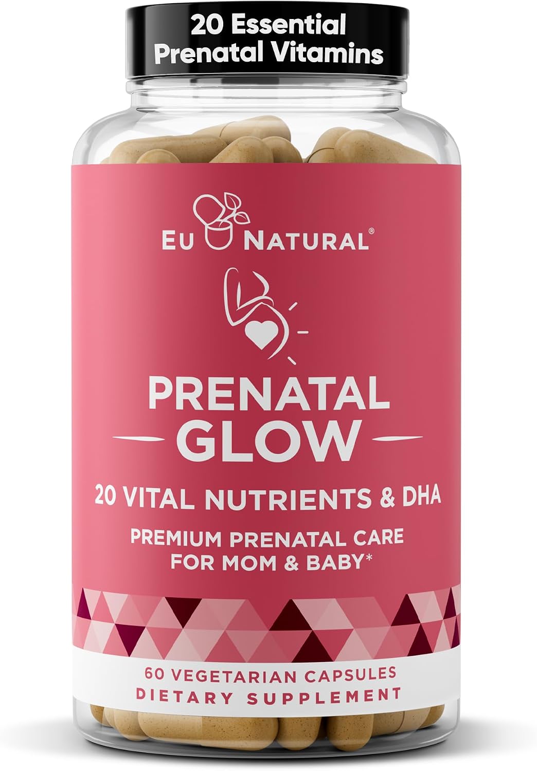 Eu Natural Glow Prenatal Vitamins for Women – 20-in-1 Multivitamin with Folate & Vegan DHA – 60 Vegetarian Capsules - görsel 1